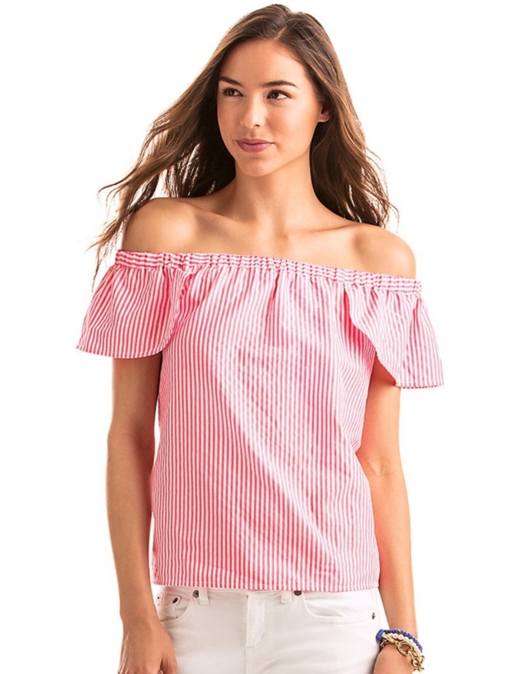 Vineyard Vines Pink and White Oxford Striped Off-Shoulder Top